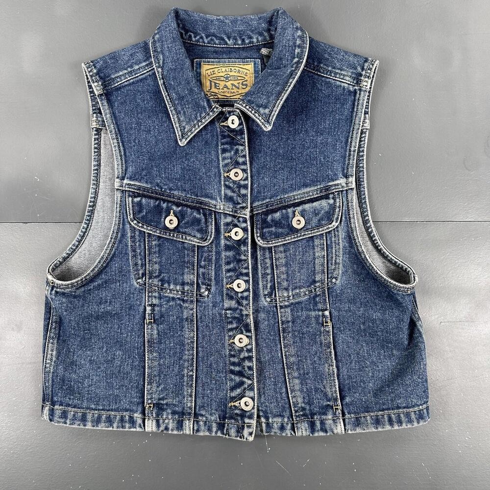 VTG Liz Claiborne Denim Vest Womens Medium Blue Moto Boho Y2K Biker Grunge - Picture 1 of 6